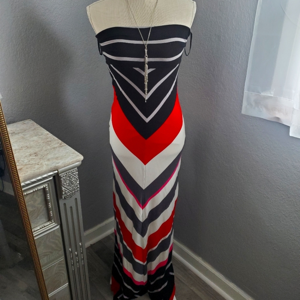 Bebe  strapless maxi dress multi v stripe